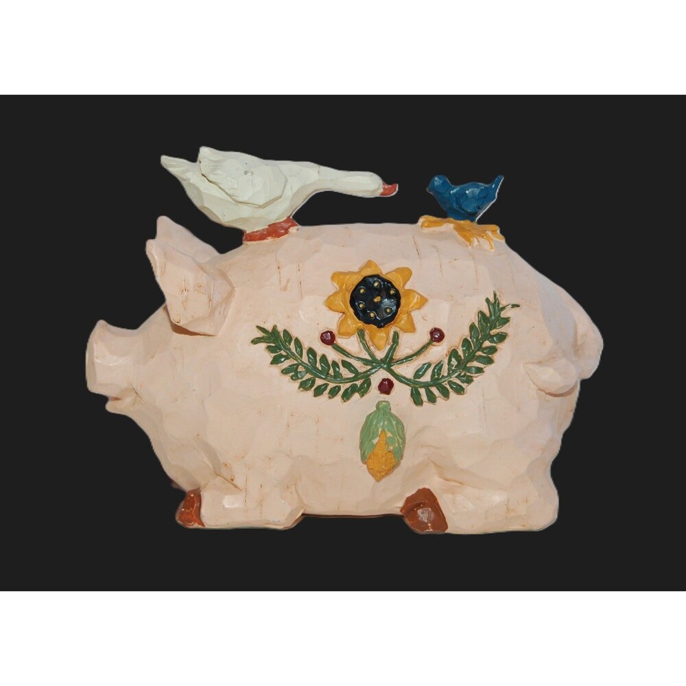CUTE PIG WITH GOOSE & BIRD PORCELAIN FIGURINE SUNFLOWER DESIGN FARMHOUSE 4" TALL